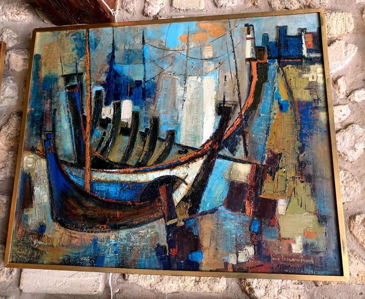 Large Oil On Canvas "the Boats" Signed By Jane Lemarchand