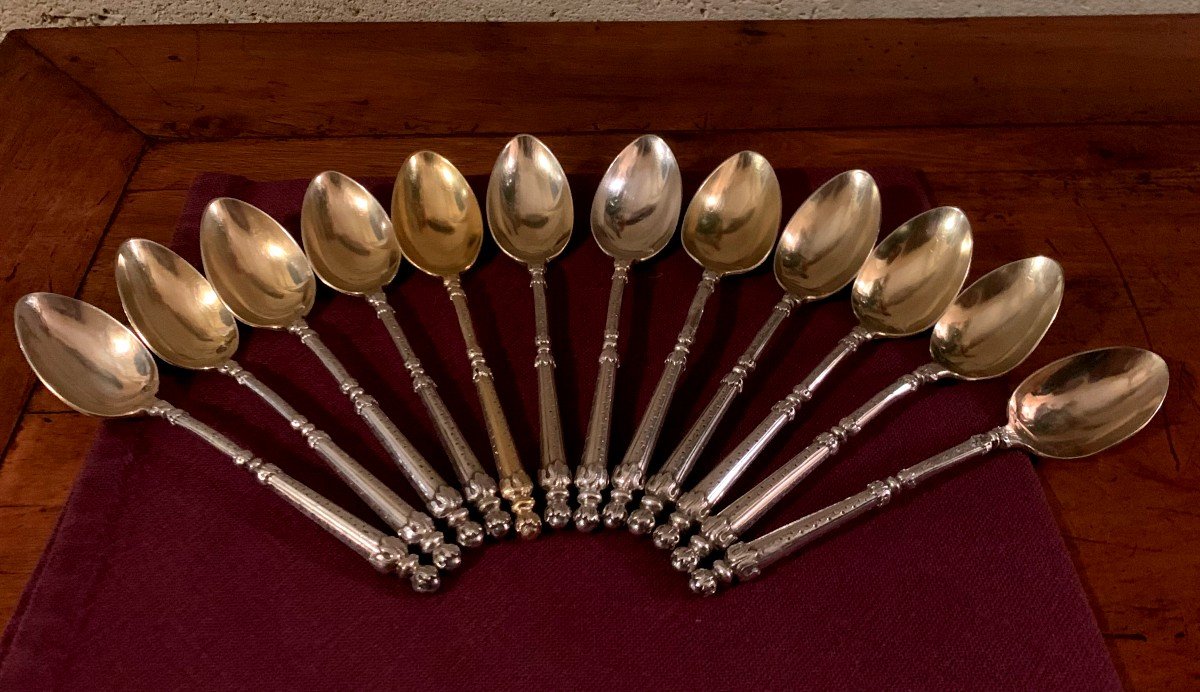 12 Small Spoons In Silver Minerva 1st Title And Vermeil, Straight Handle Called "russian Style"-photo-2