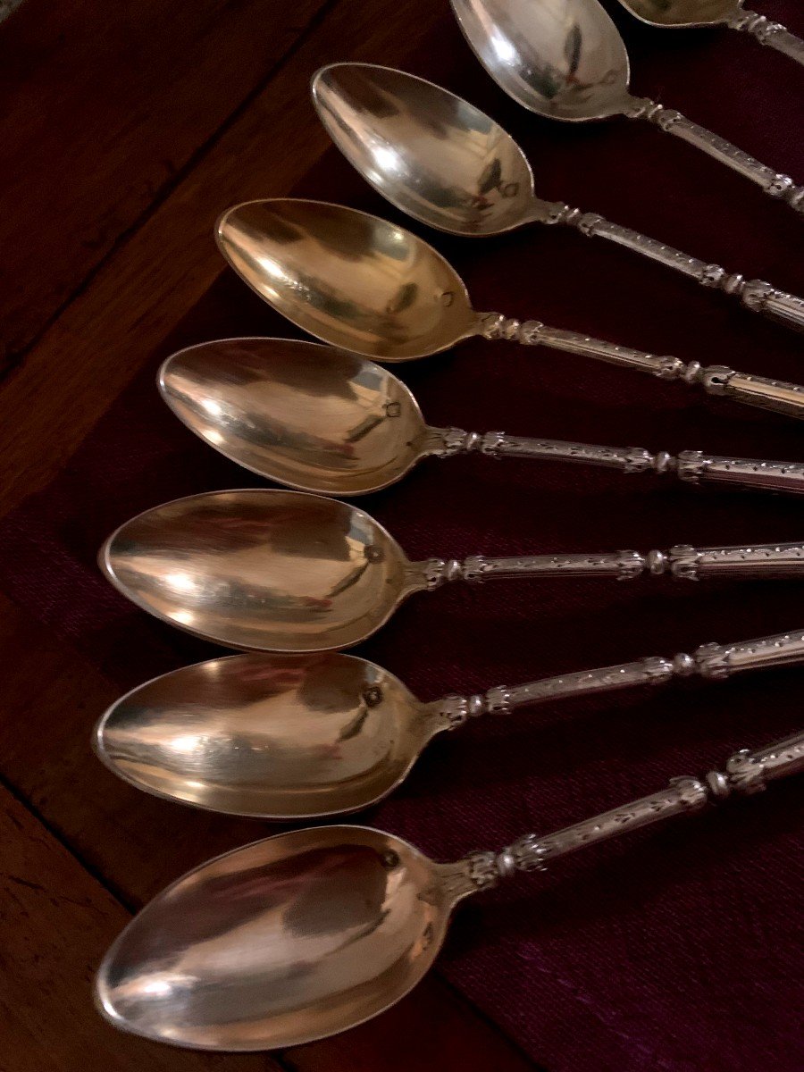 12 Small Spoons In Silver Minerva 1st Title And Vermeil, Straight Handle Called "russian Style"-photo-4