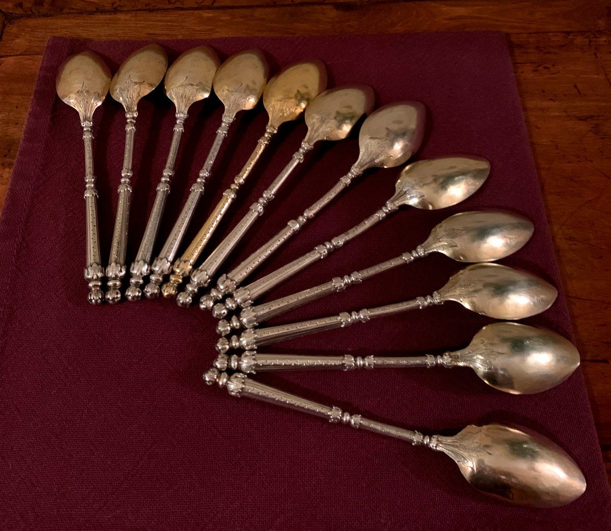 12 Small Spoons In Silver Minerva 1st Title And Vermeil, Straight Handle Called "russian Style"-photo-2