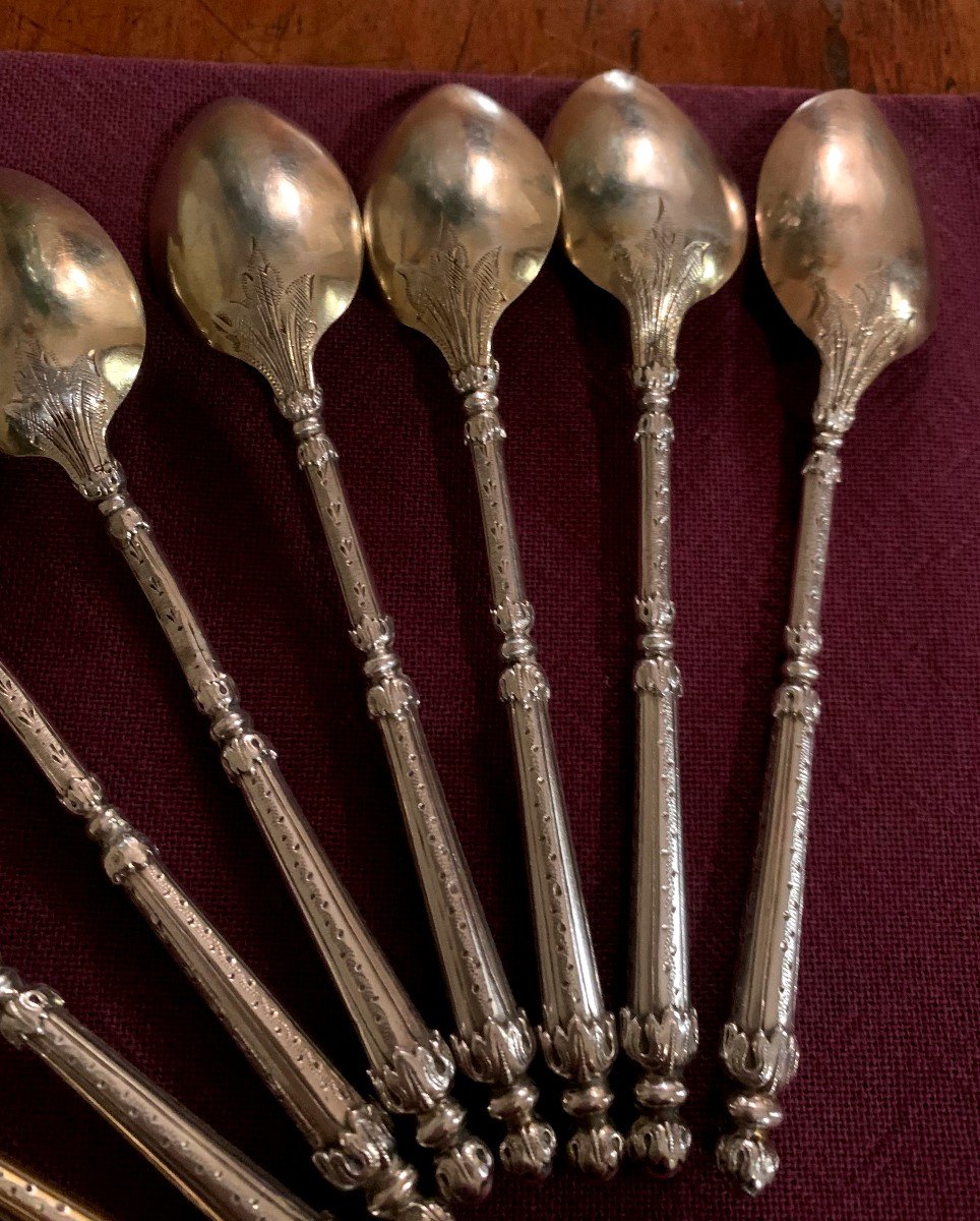 12 Small Spoons In Silver Minerva 1st Title And Vermeil, Straight Handle Called "russian Style"-photo-3