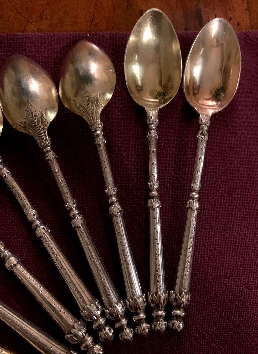 12 Small Spoons In Silver Minerva 1st Title And Vermeil, Straight Handle Called "russian Style"-photo-4