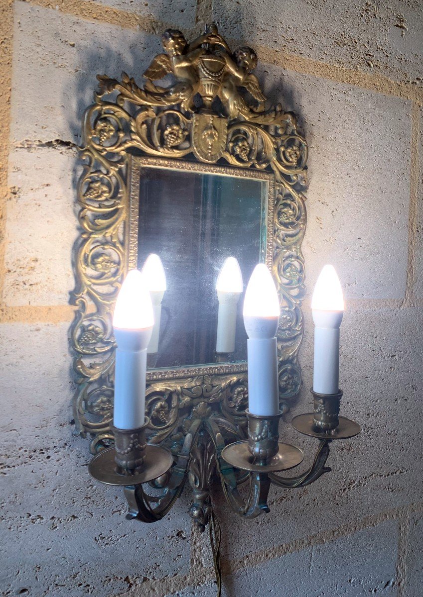 Old Bronze Wall Lamp, With 3 Arms Of Light And Central Mirror.-photo-3