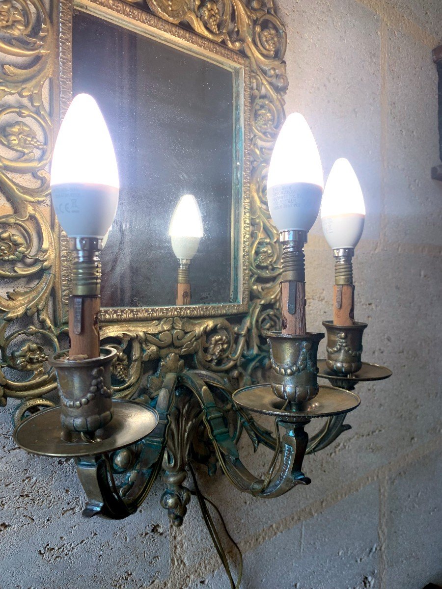 Old Bronze Wall Lamp, With 3 Arms Of Light And Central Mirror.-photo-4