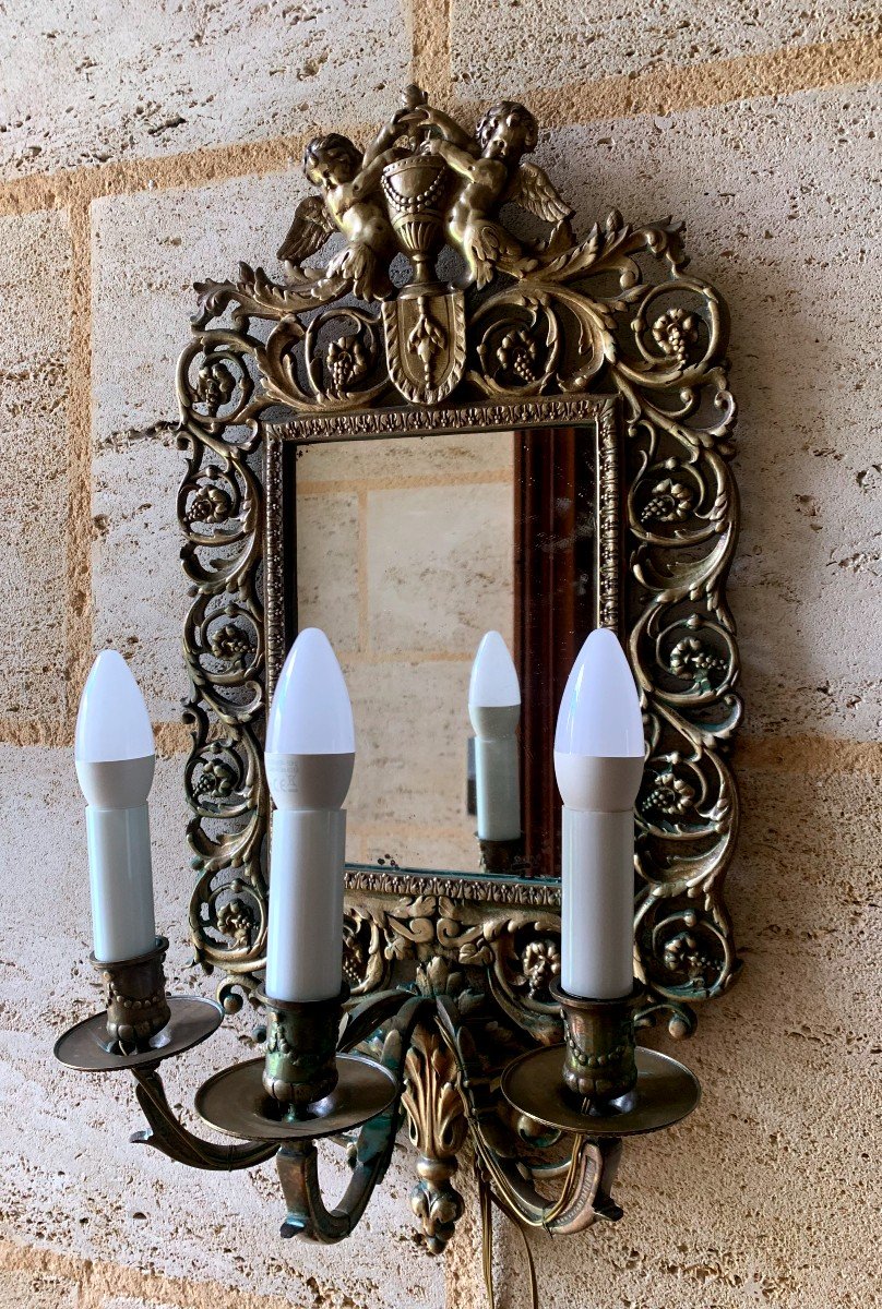 Old Bronze Wall Lamp, With 3 Arms Of Light And Central Mirror.