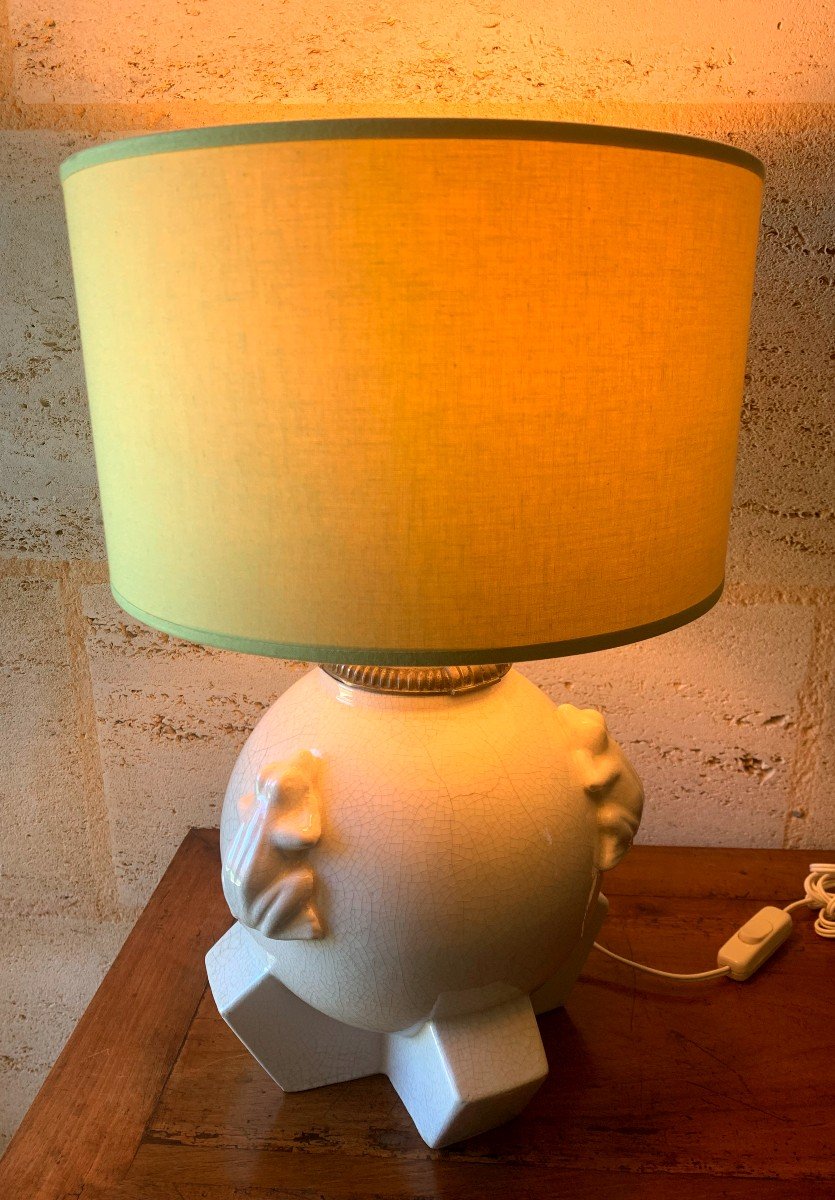 Cracked White Earthenware Lamp Decorated With Frogs From The “art Deco” Period-photo-4