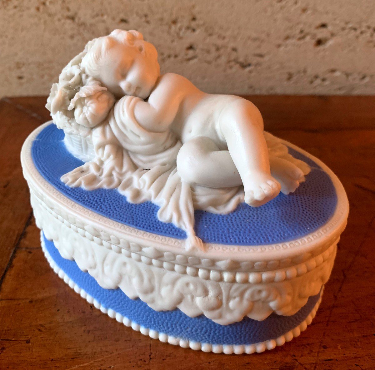 Lovely 19th Century English Porcelain Box: "the Sleeping Putto"