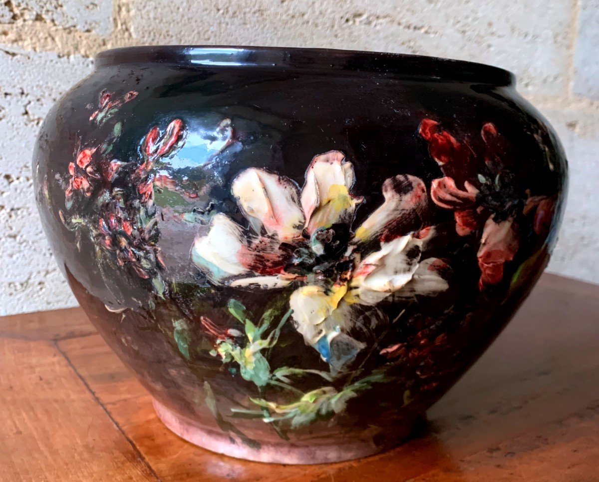 Important Impressionist Ceramic Planter Signed Boué And Montigny Sur Loing, Late 19th Century