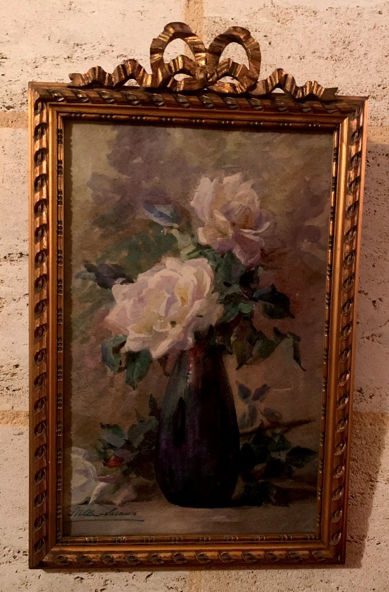 On An Entablature, White Roses In A Blue Stoneware Vase, Watercolor By Stella Samson -photo-2