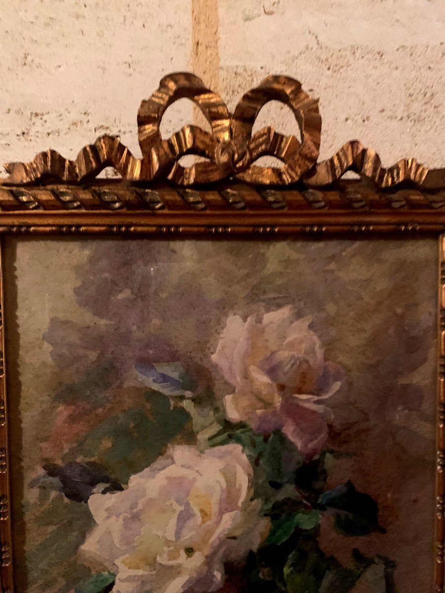 On An Entablature, White Roses In A Blue Stoneware Vase, Watercolor By Stella Samson -photo-4