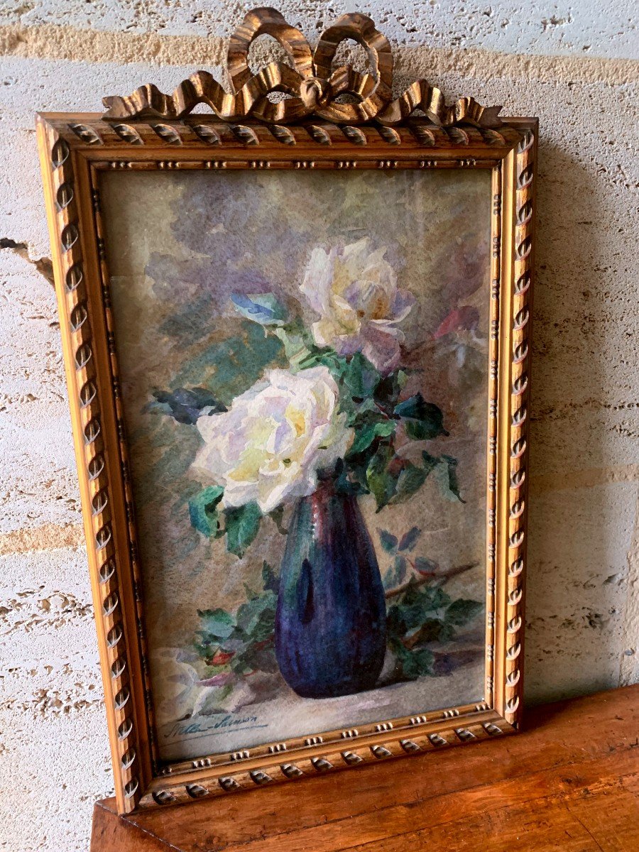 On An Entablature, White Roses In A Blue Stoneware Vase, Watercolor By Stella Samson -photo-1