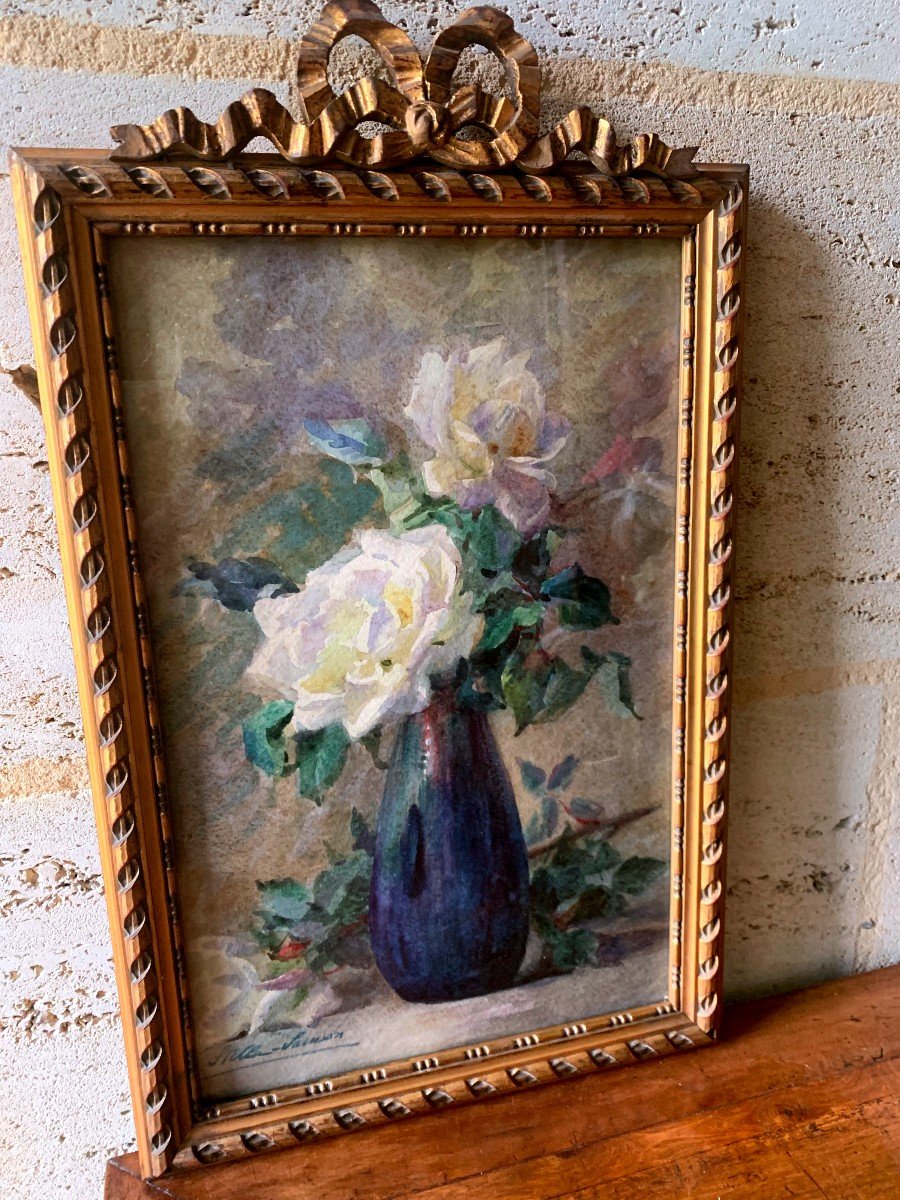 On An Entablature, White Roses In A Blue Stoneware Vase, Watercolor By Stella Samson 