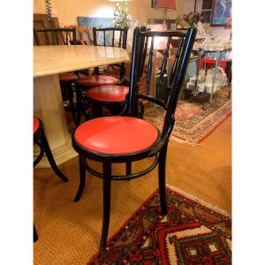 8 Black Lacquered "bistro" Chairs "raspberry" Leather Seat