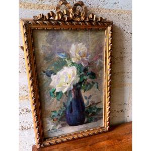 On An Entablature, White Roses In A Blue Stoneware Vase, Watercolor By Stella Samson 