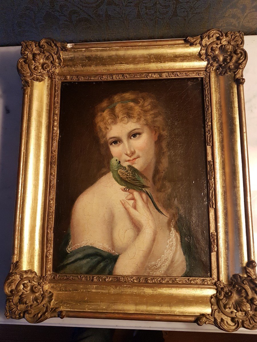 Peinture A' l'Huile. Femme  Avec Perroquet. Fin 18- Eme.-photo-1