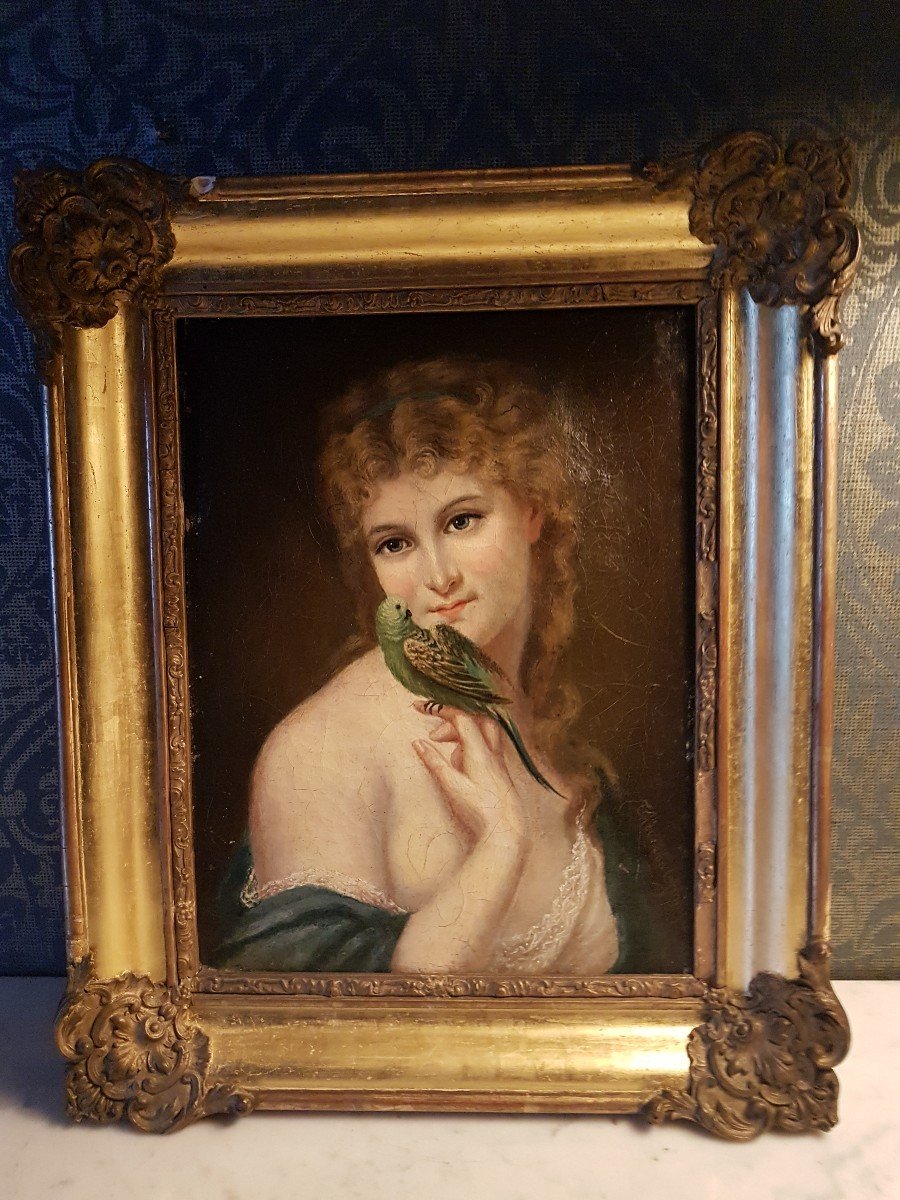 Peinture A' l'Huile. Femme  Avec Perroquet. Fin 18- Eme.