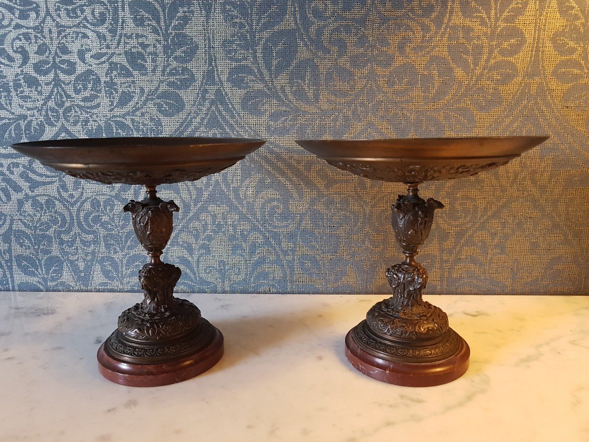 Pair Tazza's In Bronze With Red Marble.napoleon Lll. Barbedienne..