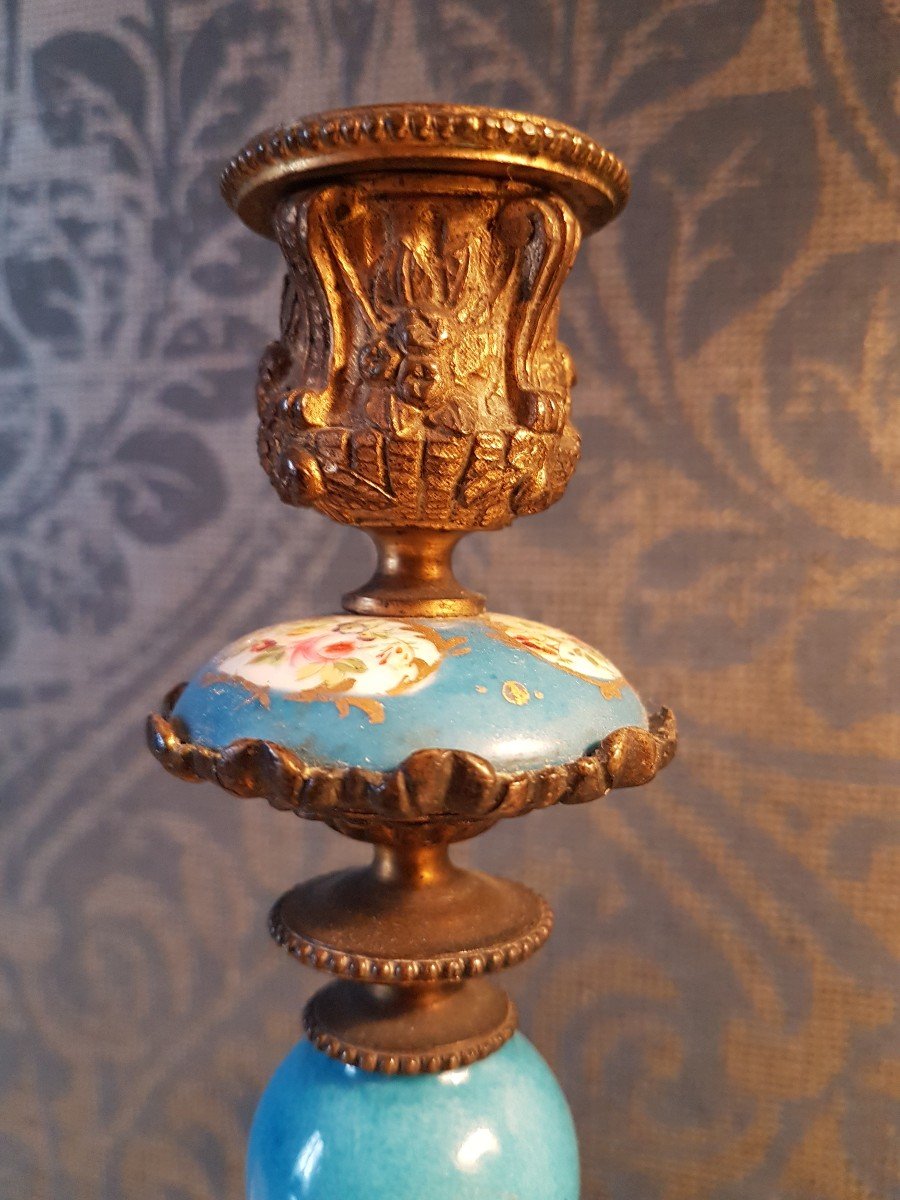 Paire Bougeoirs  En Bronze Et Porcelaine Sevres.  Napoleon III. -photo-4