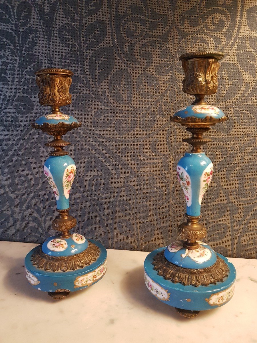 Paire Bougeoirs  En Bronze Et Porcelaine Sevres.  Napoleon III. -photo-6