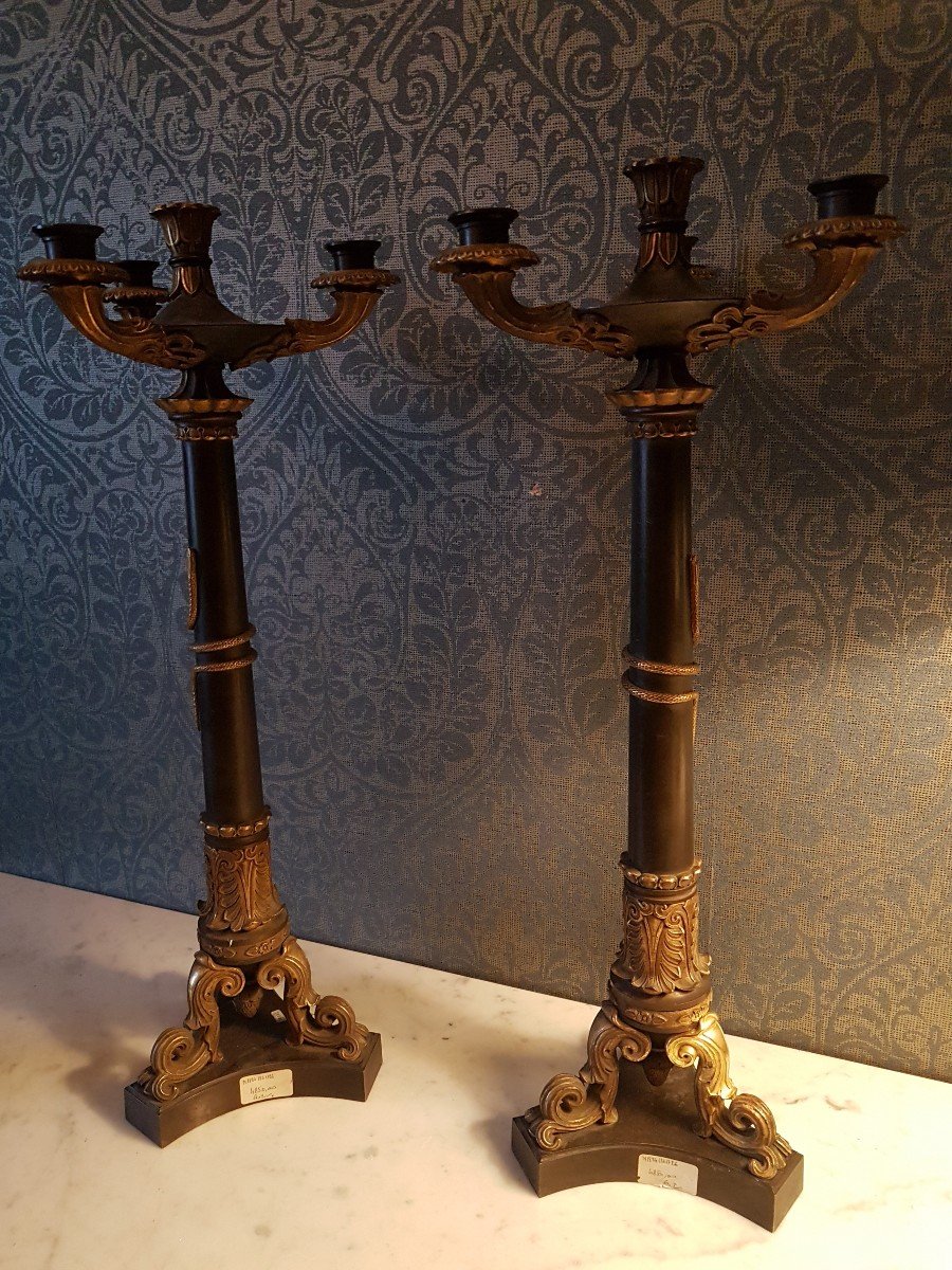 Pair Of Candelabra In Gilt Bronze And Patina. Empire. Height: 65 Cm. -photo-2