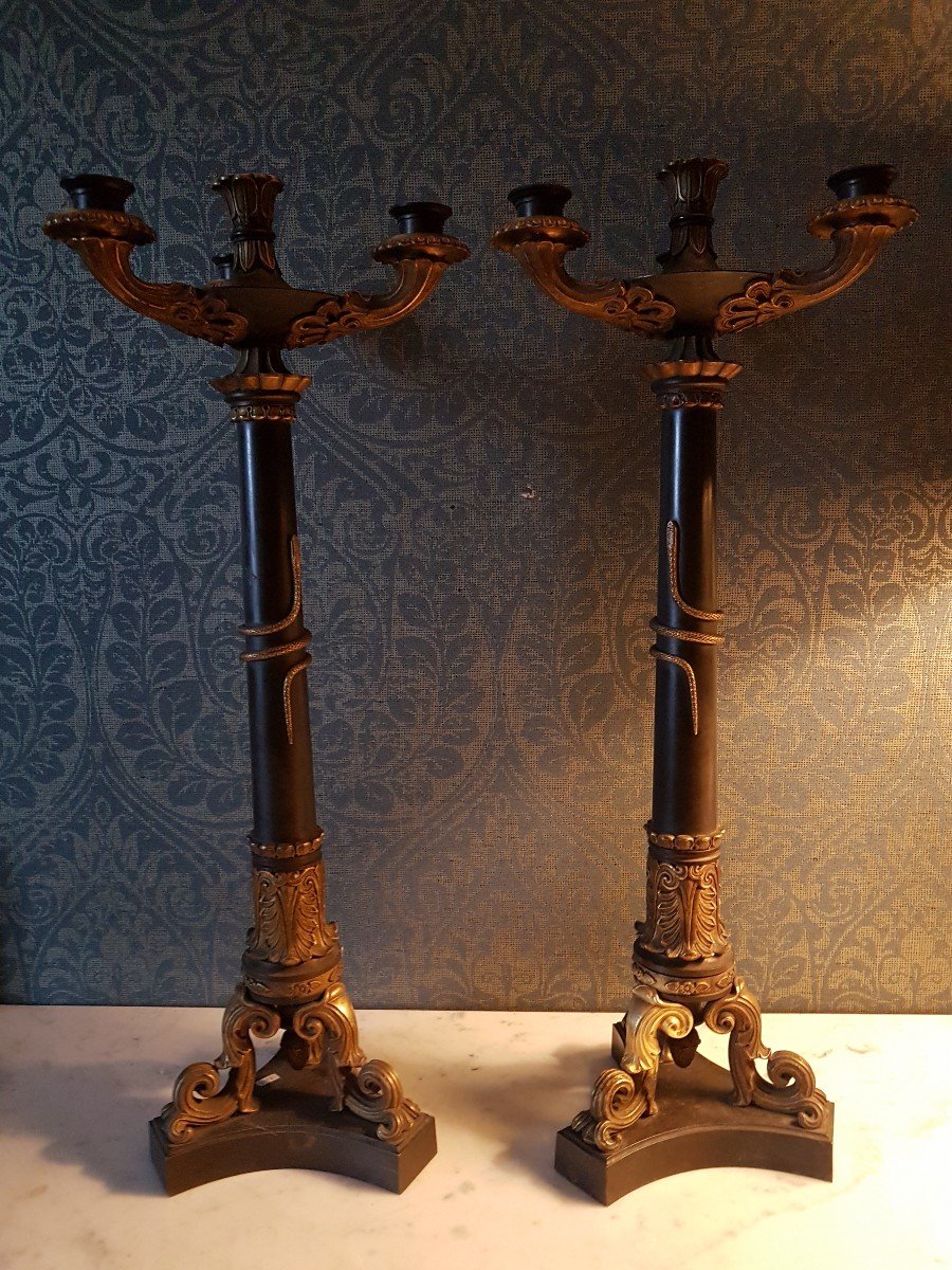 Pair Of Candelabra In Gilt Bronze And Patina. Empire. Height: 65 Cm. 