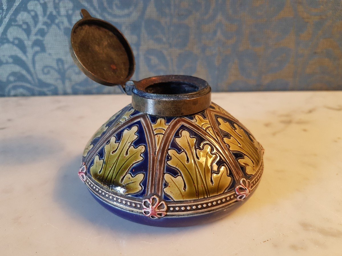 Faience Inkwell, Sarrequemines. Art Nouveau. -photo-3