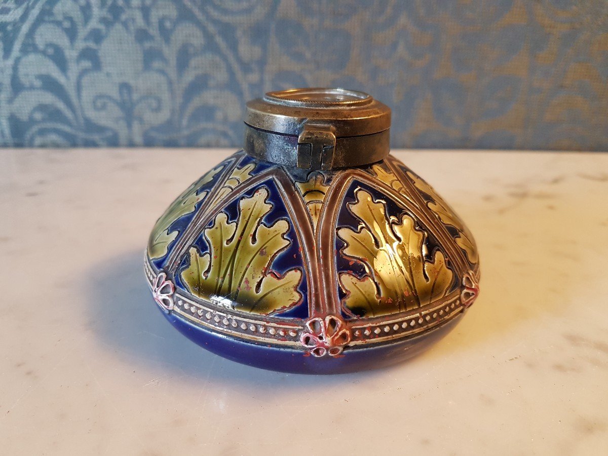 Faience Inkwell, Sarrequemines. Art Nouveau. -photo-5