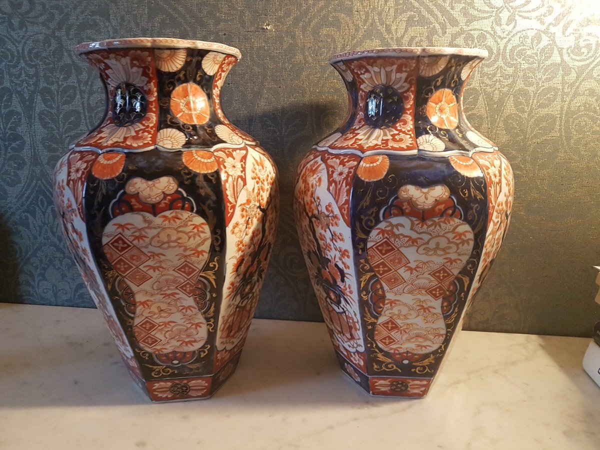 Pair Of Imari Vases - Japan 19th Century, Hexagonal.-photo-4