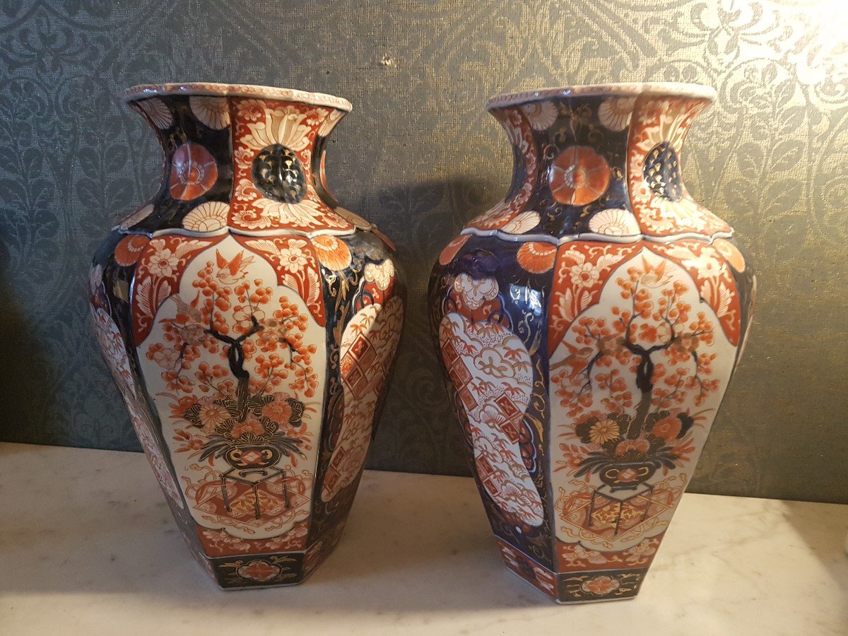 Pair Of Imari Vases - Japan 19th Century, Hexagonal.-photo-8