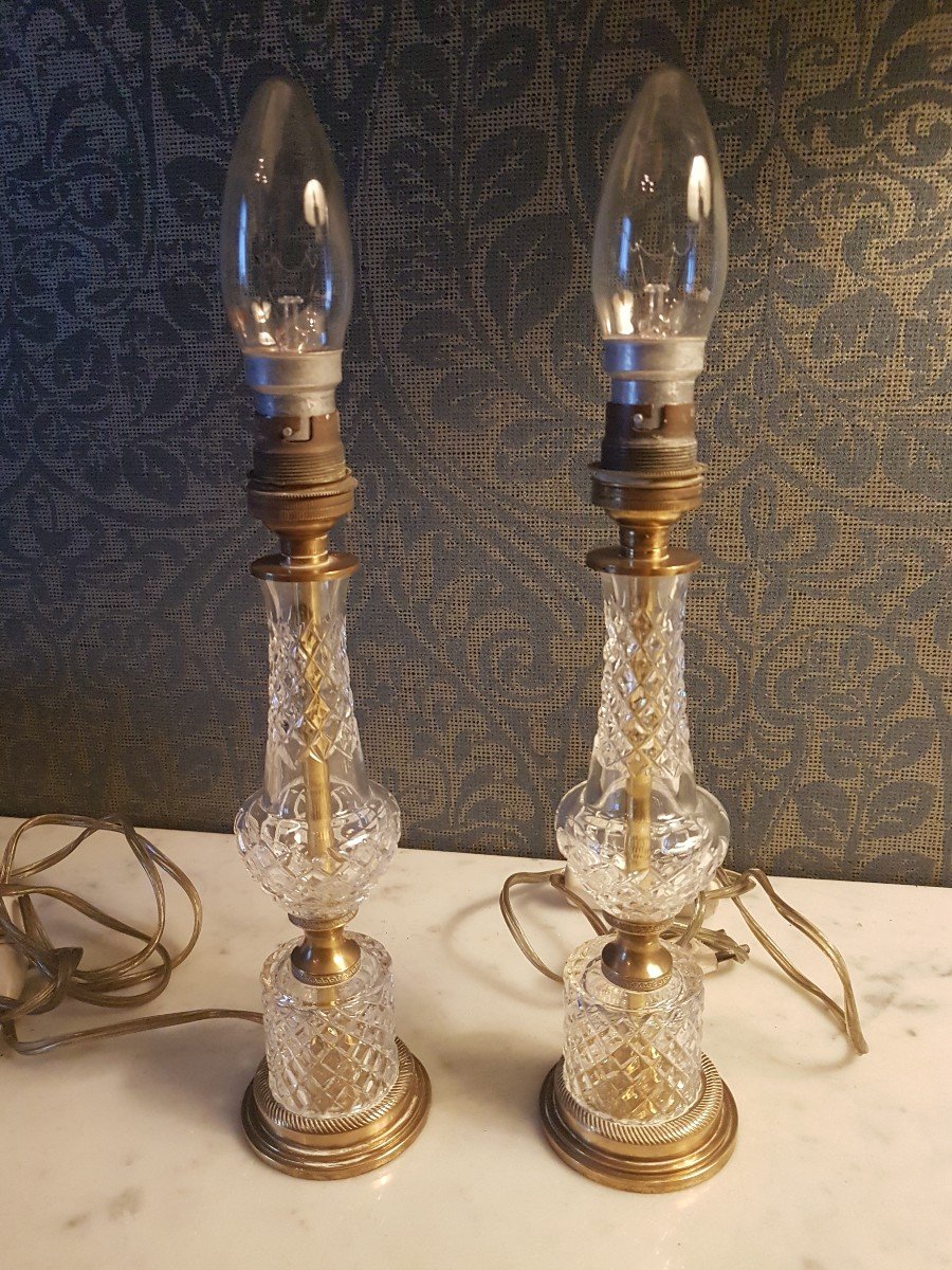 Paire  Lampes  En Verre  Et Laton. 20eme. -photo-3