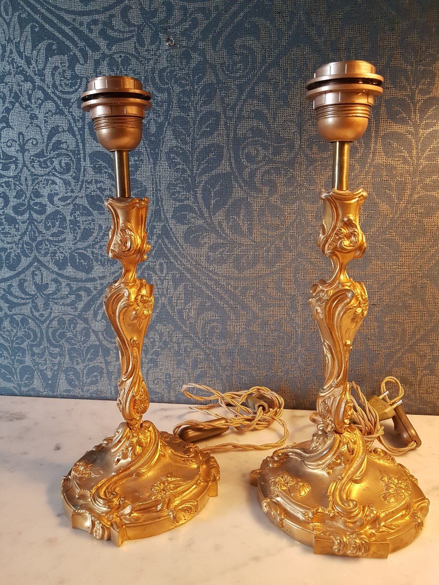 Pair Of Art Nouveau Candlesticks In Gilt Bronze. Electrically Made.-photo-3