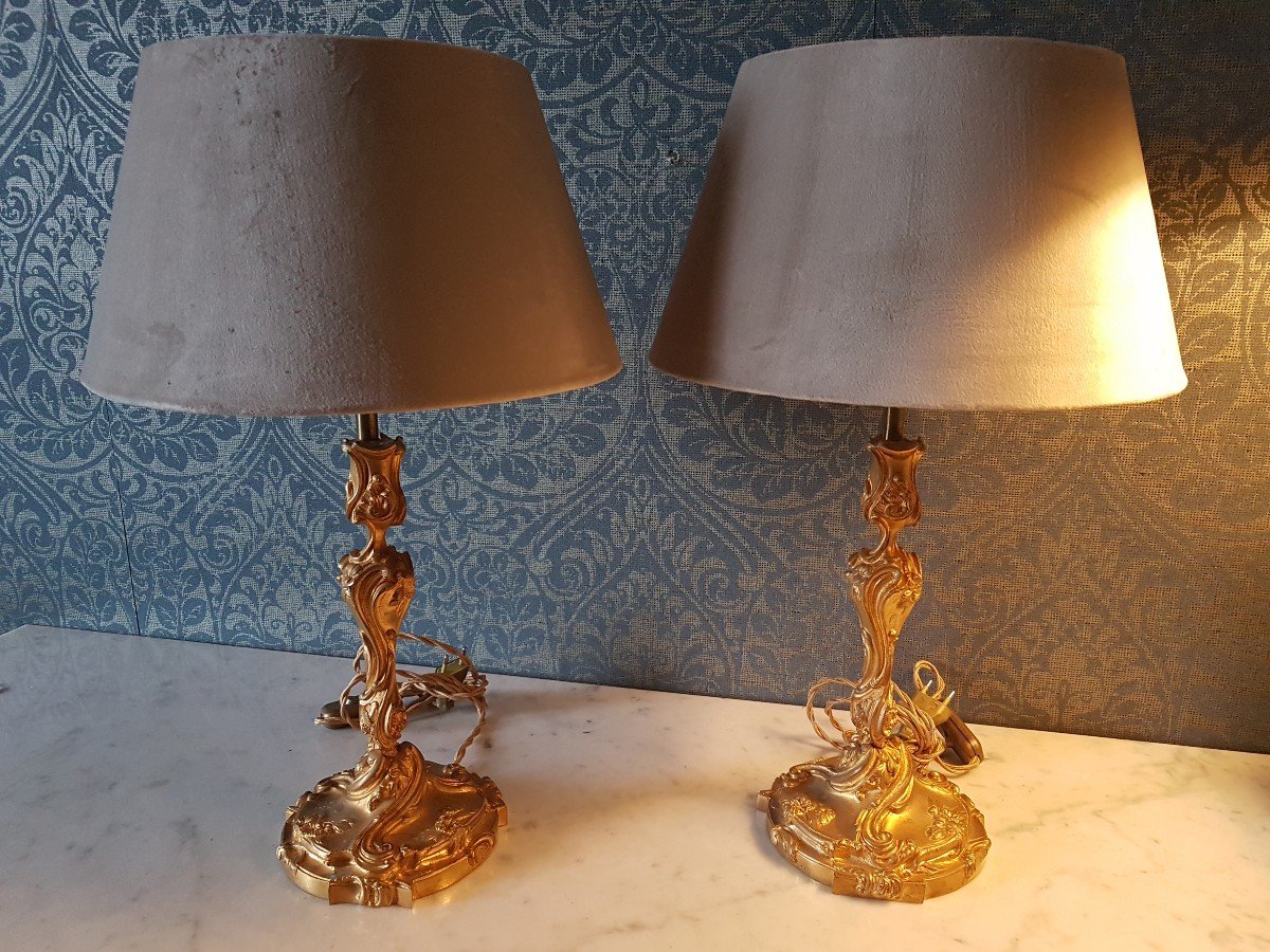 Pair Of Art Nouveau Candlesticks In Gilt Bronze. Electrically Made.