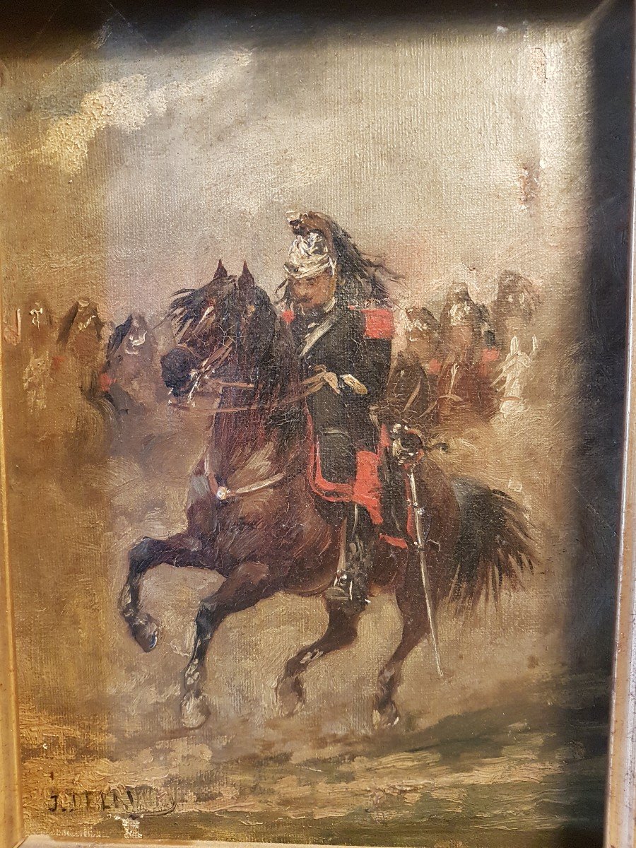 Oil Painting On Linen Representing Cavalry In Attack. Nap Lll. Signed 'j. Delauney-photo-4