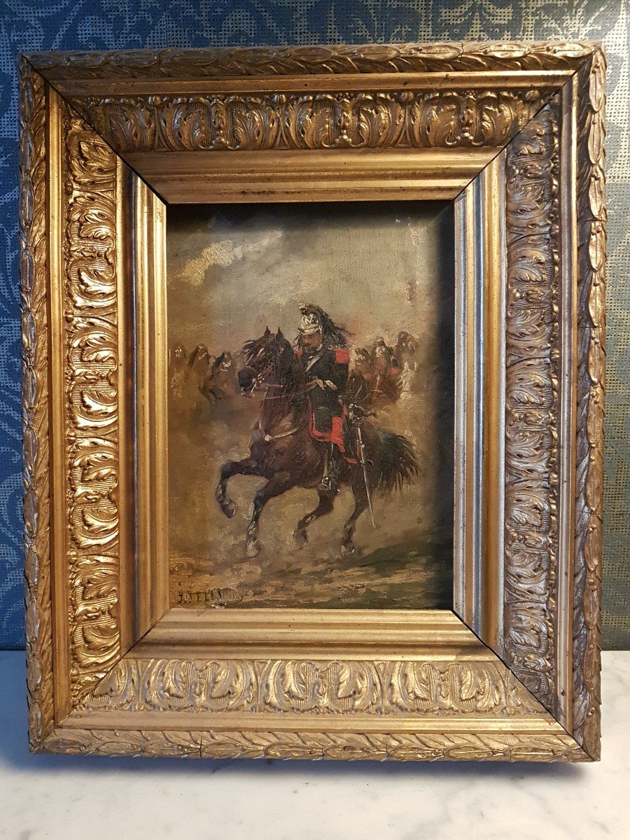 Oil Painting On Linen Representing Cavalry In Attack. Nap Lll. Signed 'j. Delauney