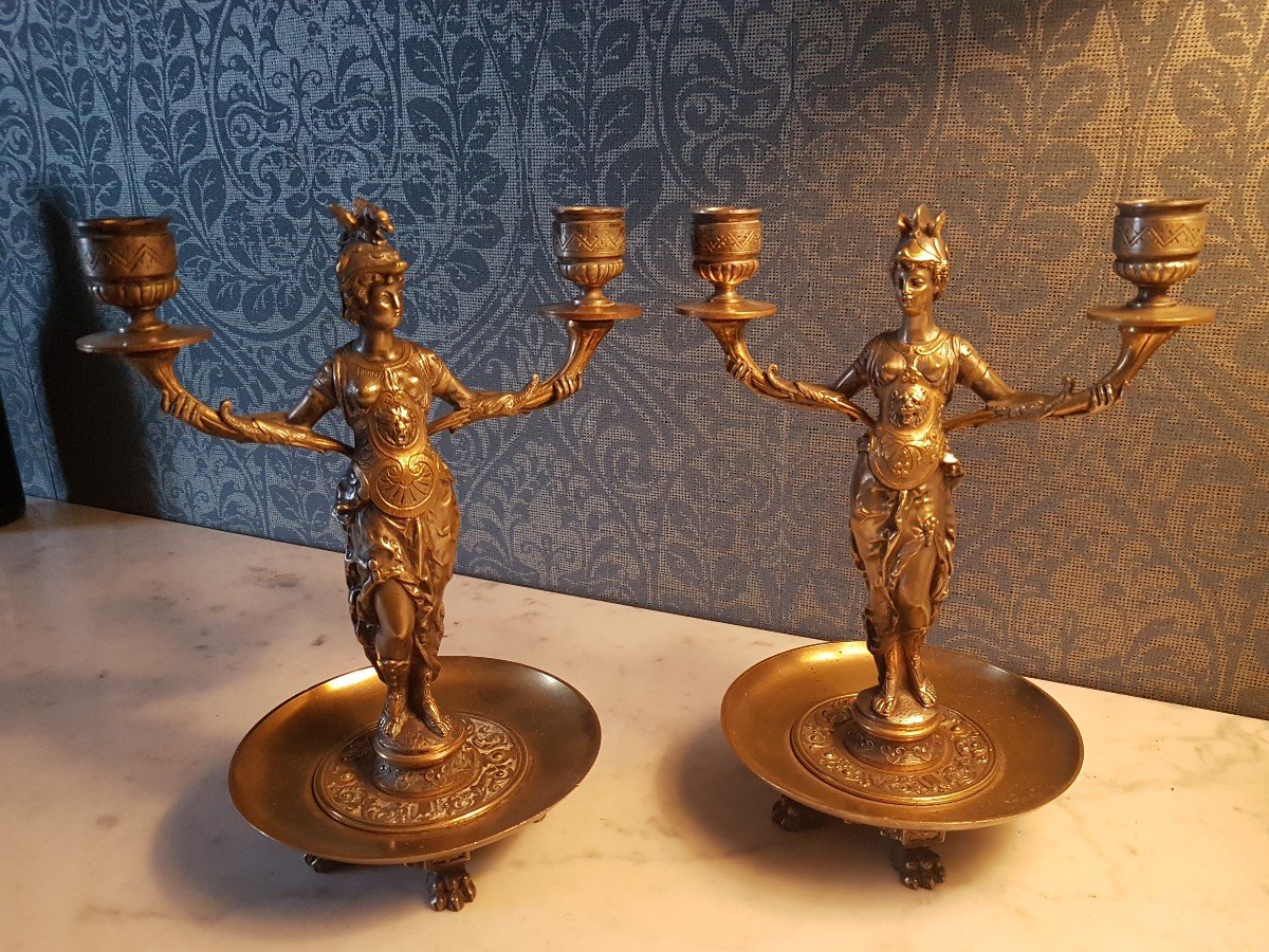 Pair Of Bronze Candelabra (two Colors). Representing Two Greek Women. Barbedienne.-photo-4