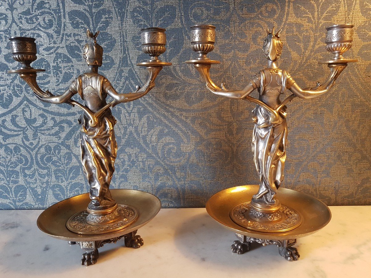 Pair Of Bronze Candelabra (two Colors). Representing Two Greek Women. Barbedienne.-photo-3