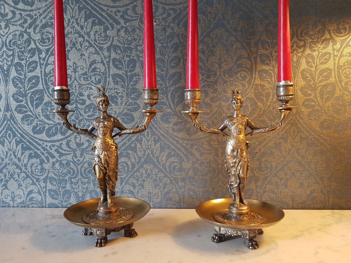 Pair Of Bronze Candelabra (two Colors). Representing Two Greek Women. Barbedienne.