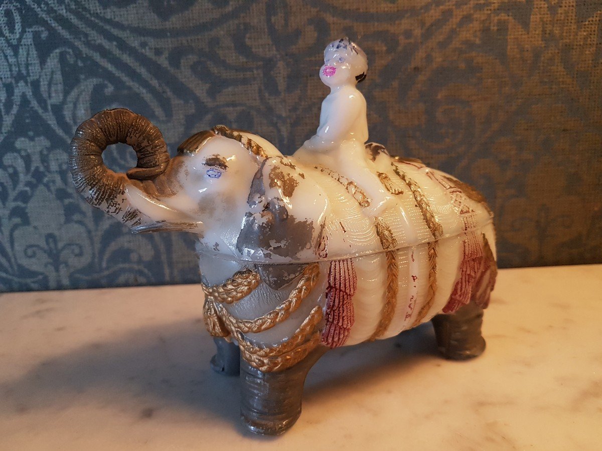 Opaline Glass Candy Dish. Elephant With Mahout. 19th Century. 