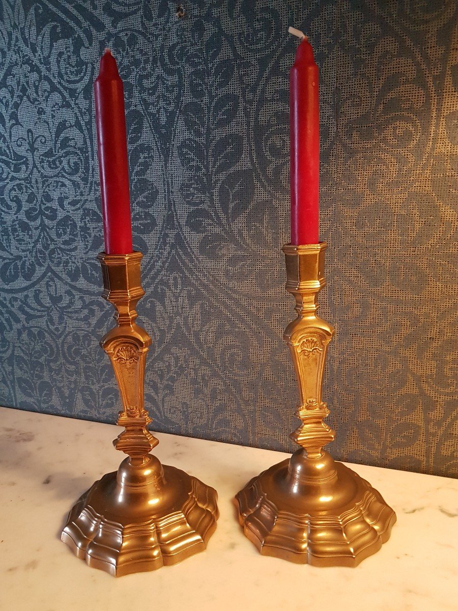 Pair Of Gilt Bronze Candlesticks. Louis Quinze Style., 19th Century. 