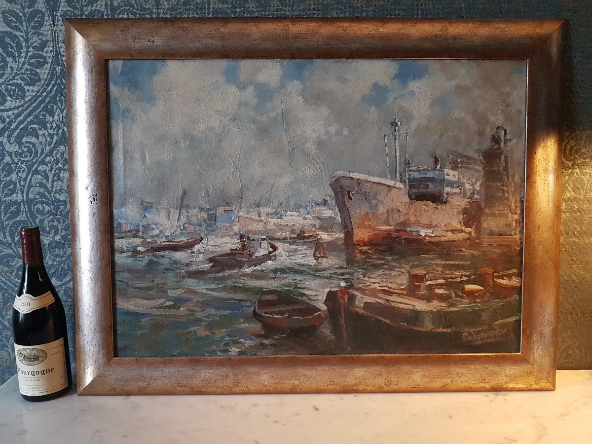 Tableau Huile Sur toile .'Port  Rotterdam '. Signe ' A. Vernout.-photo-2