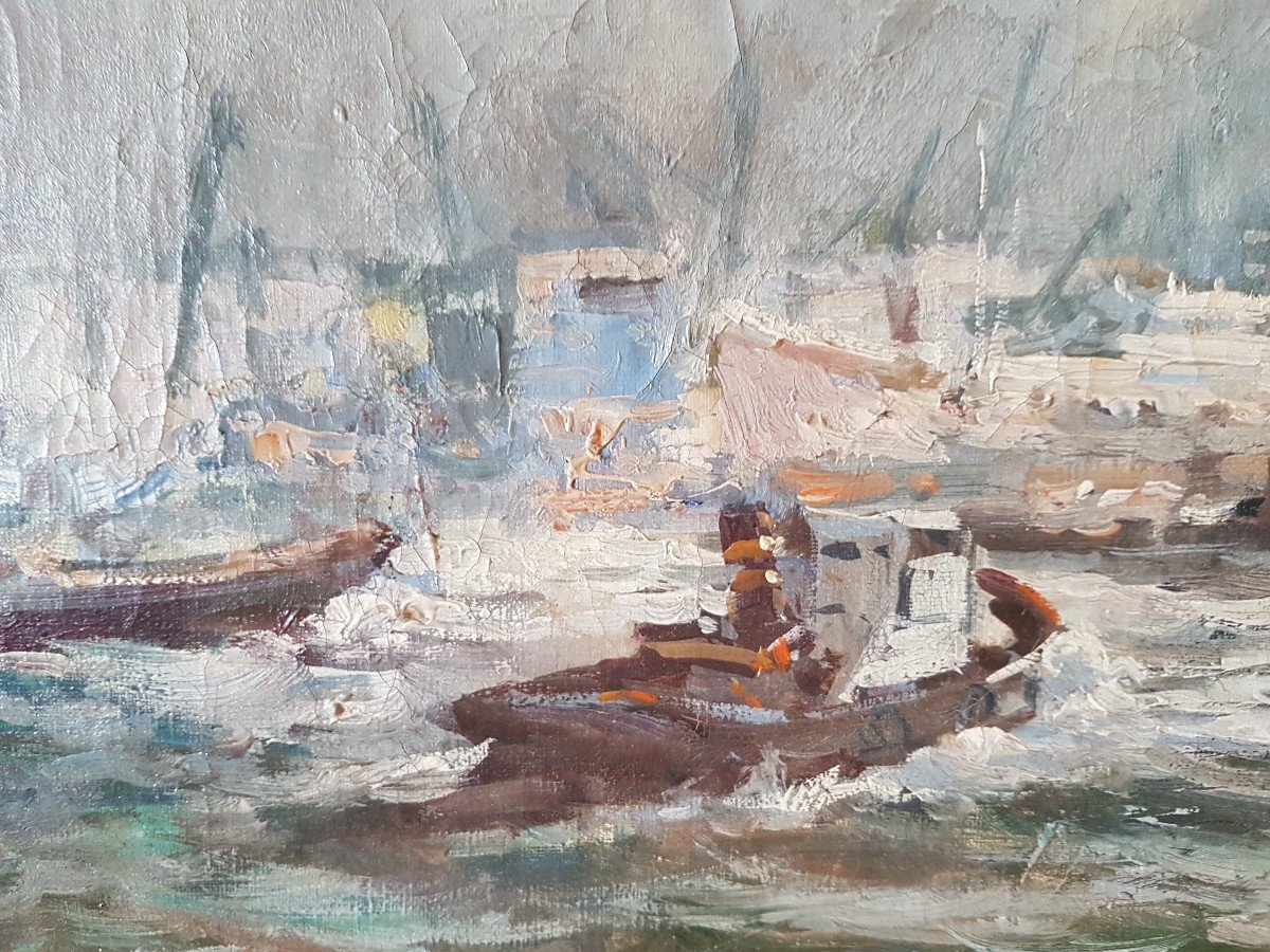 Tableau Huile Sur toile .'Port  Rotterdam '. Signe ' A. Vernout.-photo-5