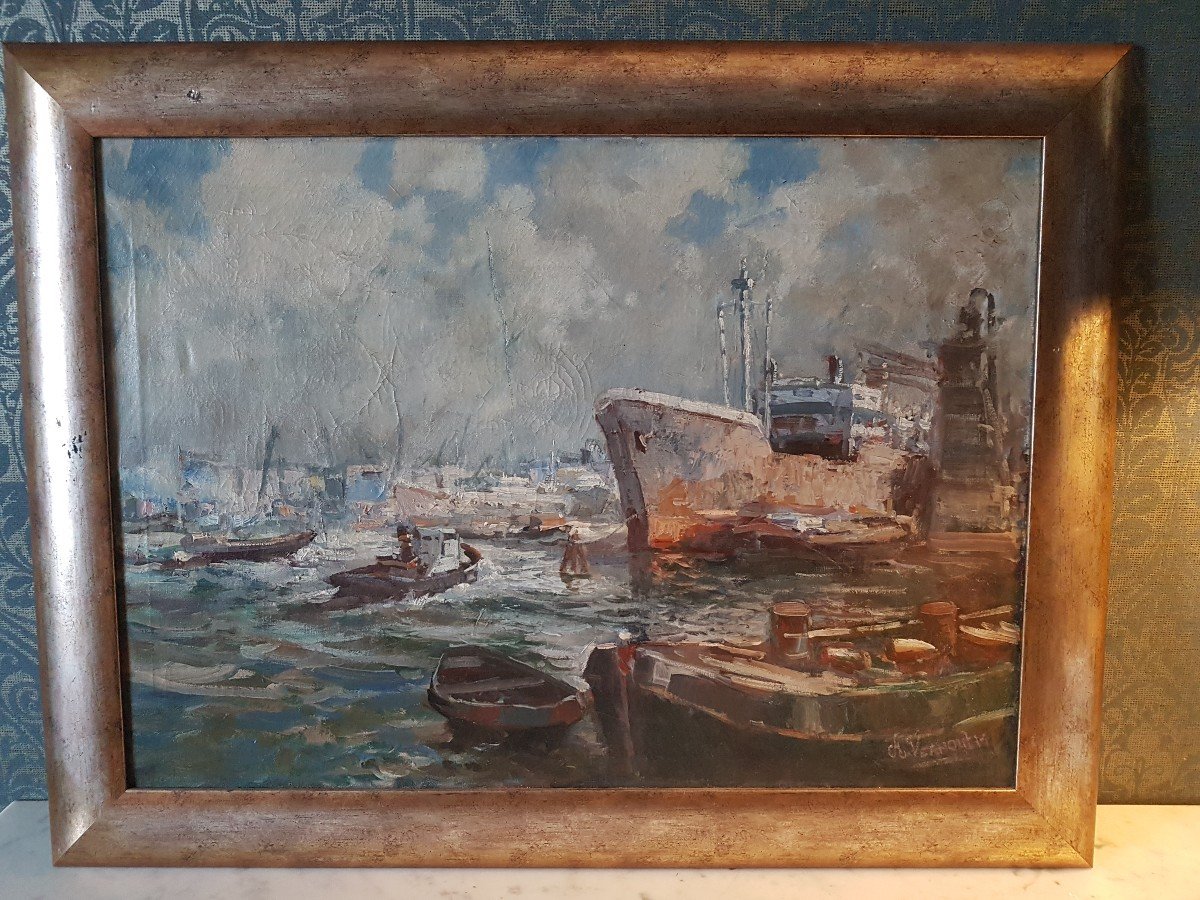 Tableau Huile Sur toile .'Port  Rotterdam '. Signe ' A. Vernout.