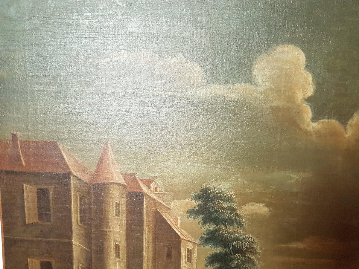 18th Century Painting "castle With Dog". Oil On Canvas.  -photo-3