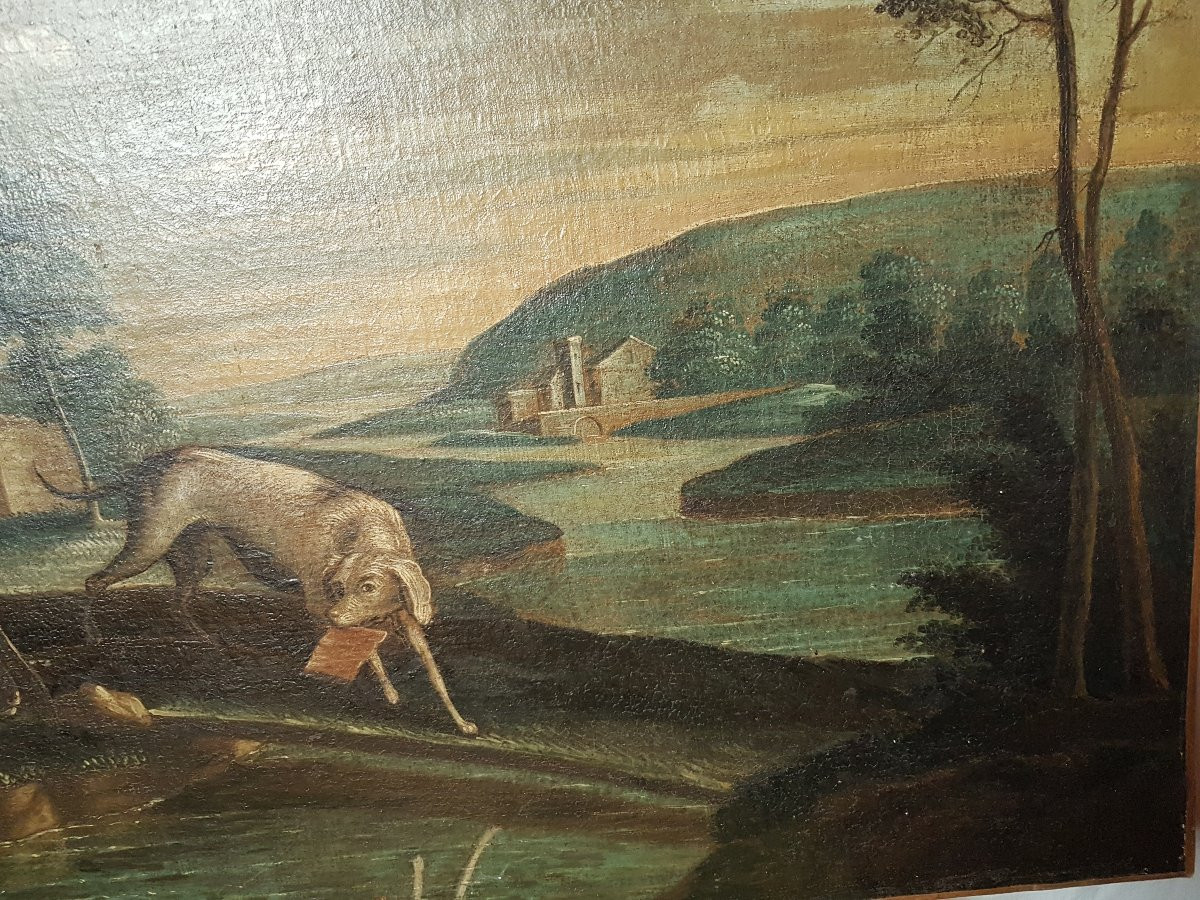 18th Century Painting "castle With Dog". Oil On Canvas.  -photo-4