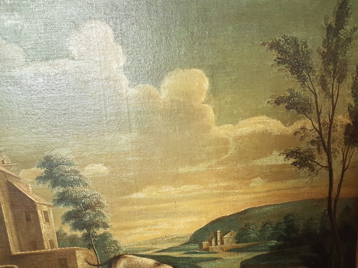 18th Century Painting "castle With Dog". Oil On Canvas.  -photo-2