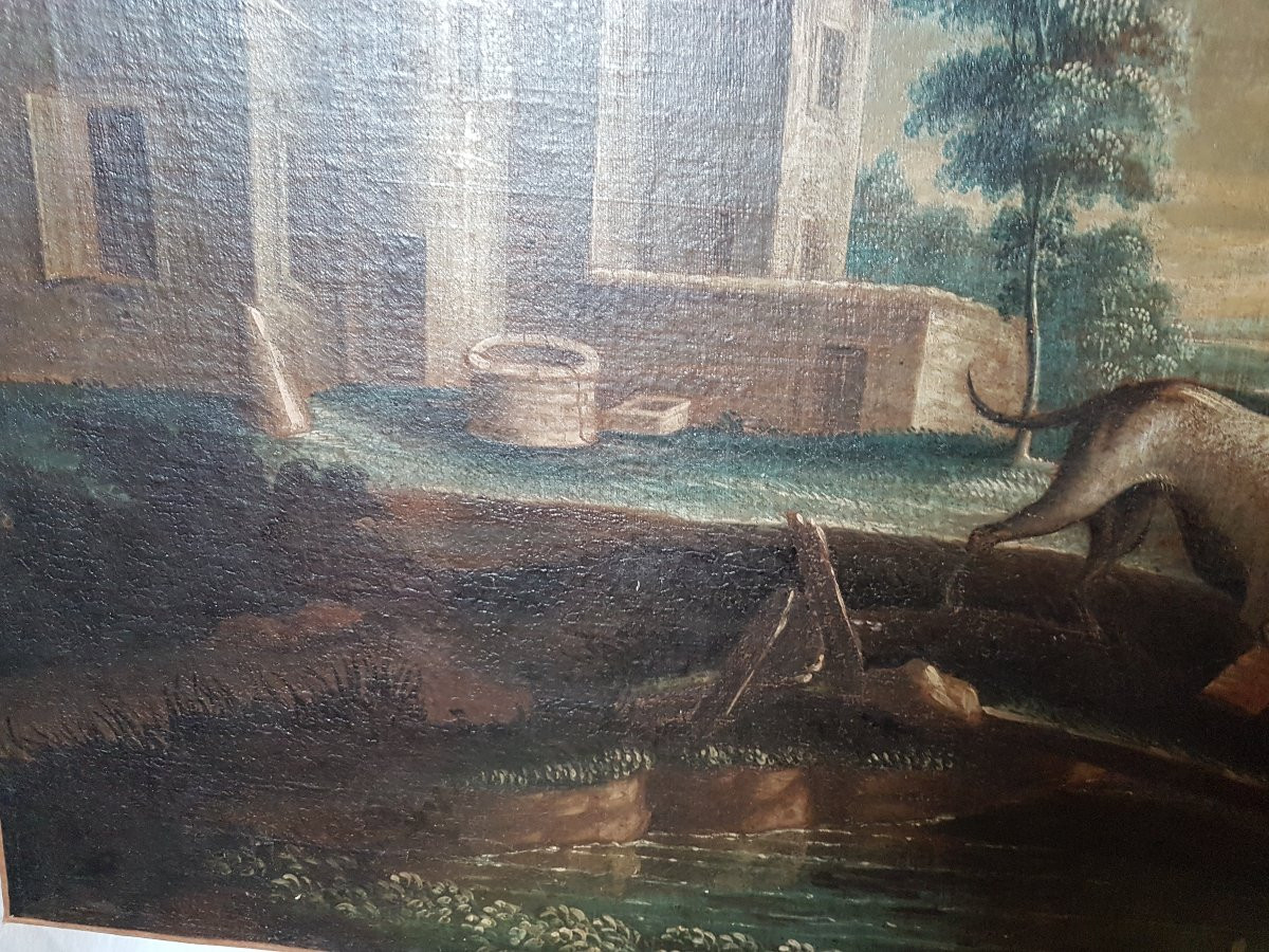 18th Century Painting "castle With Dog". Oil On Canvas.  -photo-4