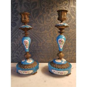 Pair Of Bronze And Porcelain Candlesticks Sevres. Napoleon III. 