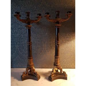 Pair Of Candelabra In Gilt Bronze And Patina. Empire. Height: 65 Cm. 