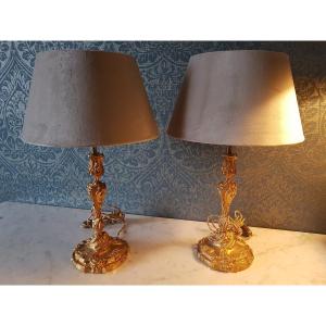 Pair Of Art Nouveau Candlesticks In Gilt Bronze. Electrically Made.