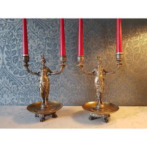 Pair Of Bronze Candelabra (two Colors). Representing Two Greek Women. Barbedienne.